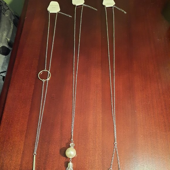 3 Silver Tone Long Statement Pendant Necklaces - Picture 2 of 12